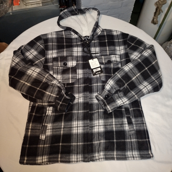 Hanton Black and White Plaid Fleece Sherpa Lined Zippered Hooded Jacket - Picture 2 of 12